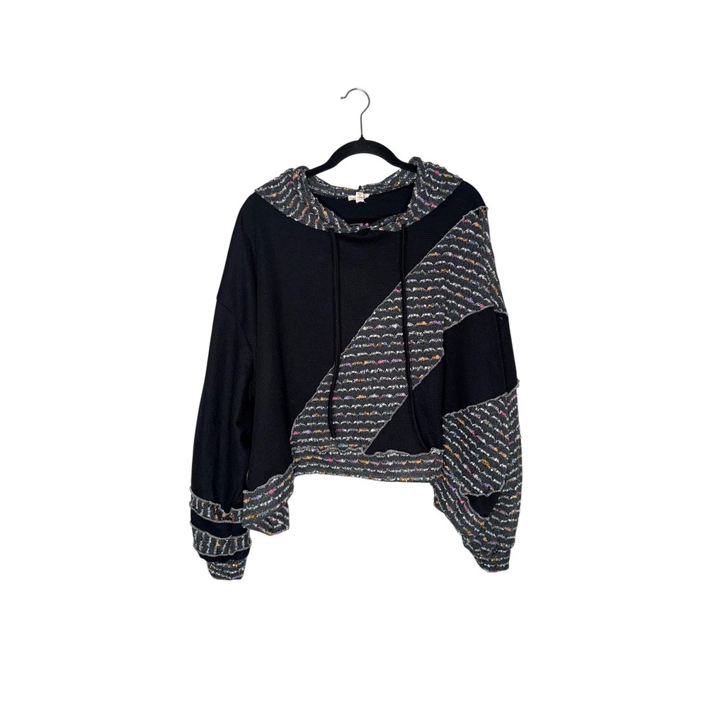 POL Waffle Knit Hoodie Womens Large Black Multi Patchwork Excellent YKT935 Boho